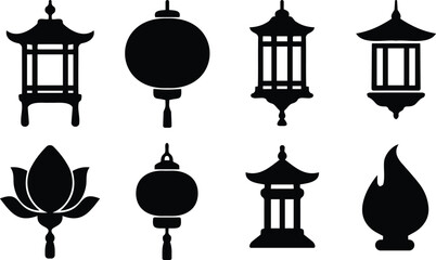 Decorative Asian lantern and pagoda silhouette icons for cultural festivals, traditional decor, and oriental celebration themes © creatix
