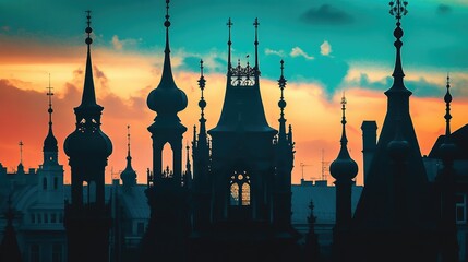 Majestic spires in silhouette against a dusky sky with fading ambient light