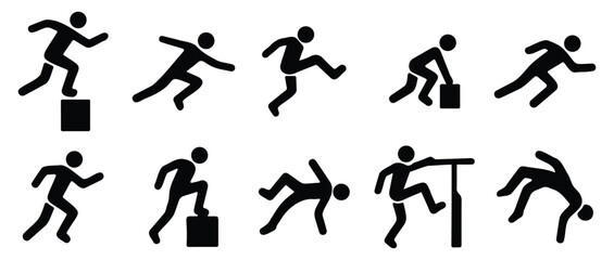 Dynamic parkour silhouette icon set showing acrobatic free-running poses in motion for fitness, agility, and extreme sports concepts