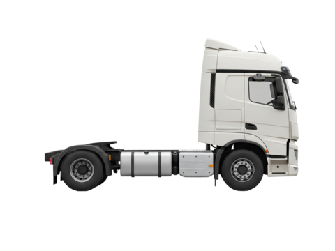 A realistic side view of a European-style semi-truck tractor without a trailer, isolated on a transparent background - Powered by Adobe