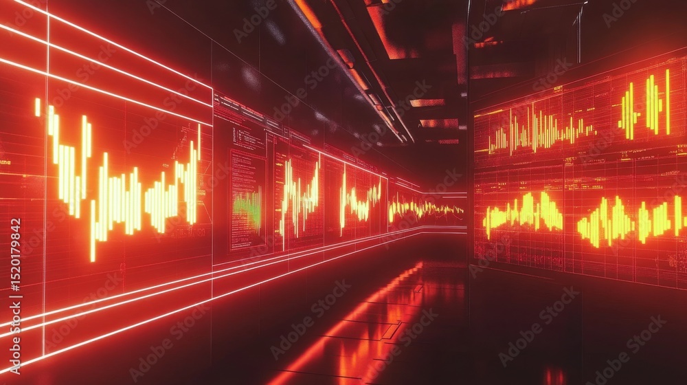 Poster digital sound waves display in modern futuristic environment