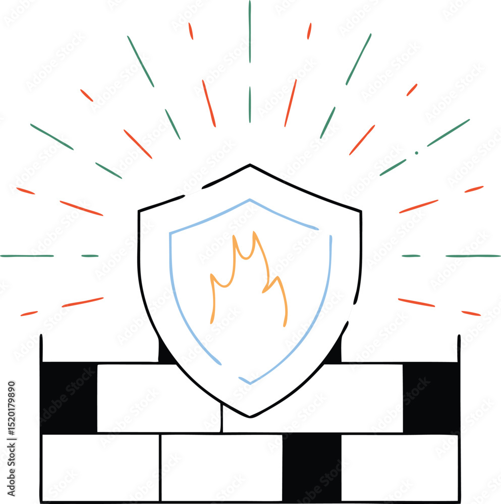 Poster illustration of shield protecting digital data and symbolizing firewall security