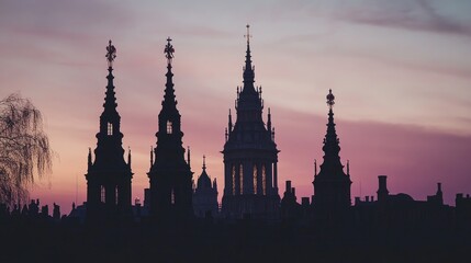Majestic spires in silhouette against a dusky sky with fading ambient light