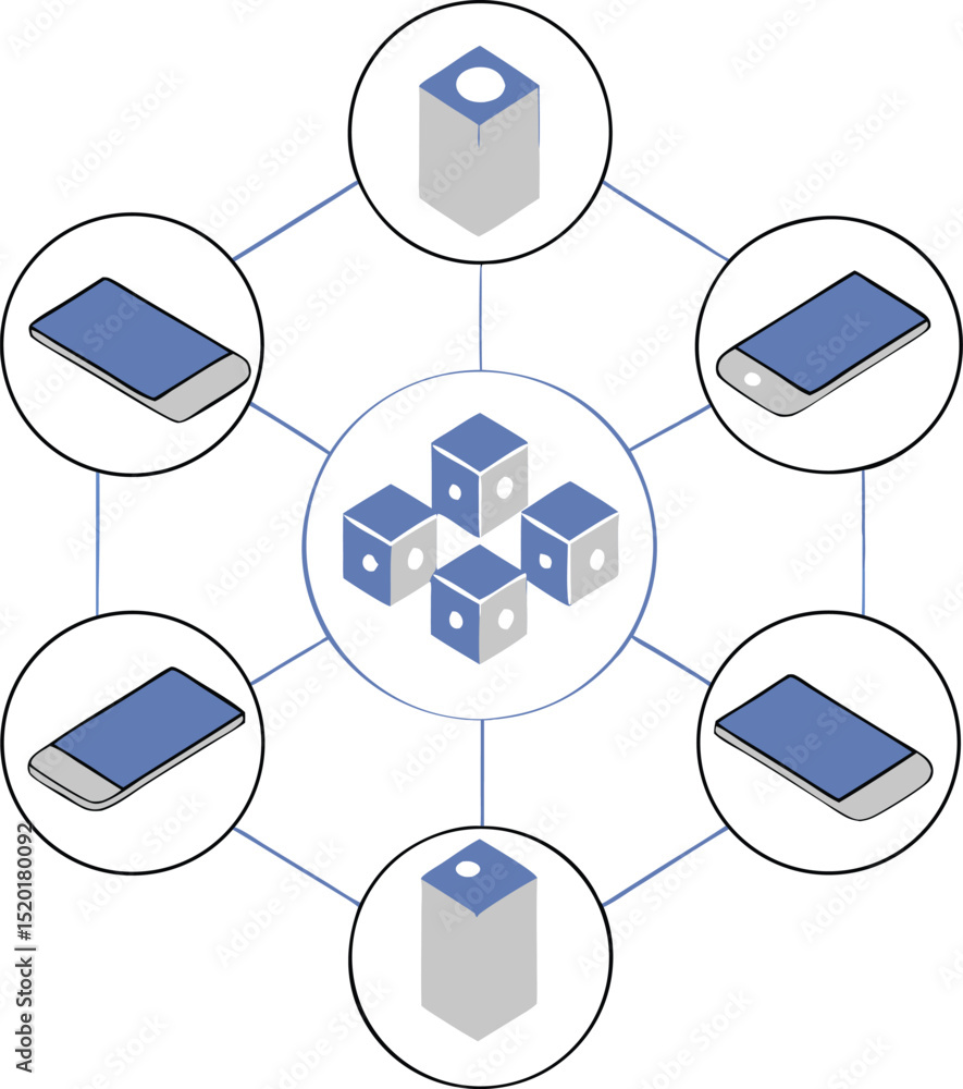 Poster isometric illustration depicting digital data sharing network with cubes and devices