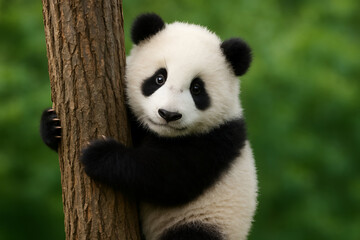 Obraz premium Cute Panda Cub Climbing a Tree in a Natural Habitat