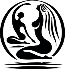 Naklejka premium Black-and-white minimalist illustration featuring elegant female silhouettes in a circle, connected by flowing lines symbolizing energy, with an oil drop silhouette subtly integrated into the design. 