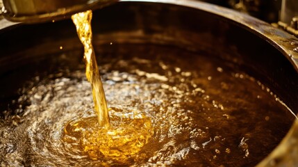 Flowing Liquid Gold in Industrial Pot for Food or Oil Processing