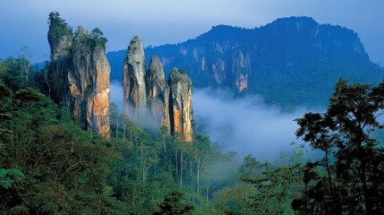 Massive vertical rock columns stretching toward the sky framed by dense subtropical forest