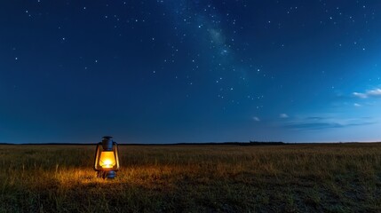 A vintage lantern casts a warm glow in a wide-open field under a star-filled night sky. The peaceful atmosphere invites contemplation and connection with nature.