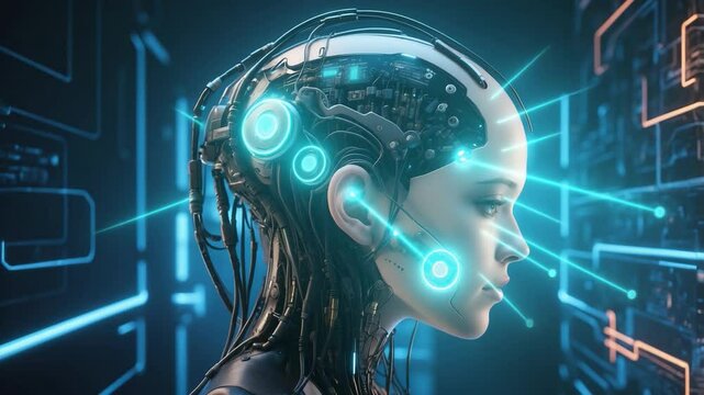 Cybernetic humanoid with futuristic interface technology and glowing neon circuitry against dark backdrop
