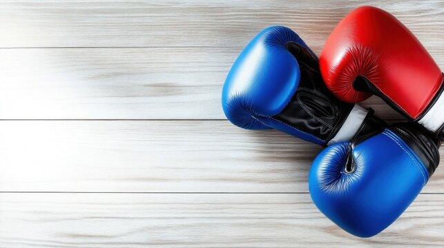 Bright red and blue boxing gloves lay on a light wooden surface, symbolizing the dedication and energy involved in training and competition in the sport of boxing.