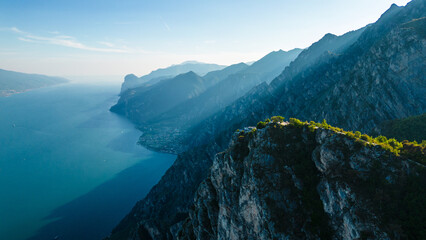 Breathtaking aerial view from Punta Larici, one of the most stunning viewpoints over Lake Garda,...