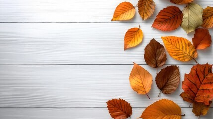 Vibrant red, orange, and yellow leaves lie scattered on a white wooden surface, highlighting the beauty of autumn. The warm colors evoke a sense of calm and seasonal change.