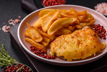 Fried French fries with a piece of meat, lunch food. Prepared potatoes and meat