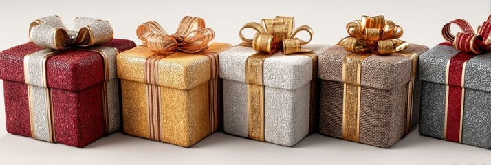 Different wrapped gift boxes with red, white, and gold ribbons, isolated on a pure white background. Christmas presents