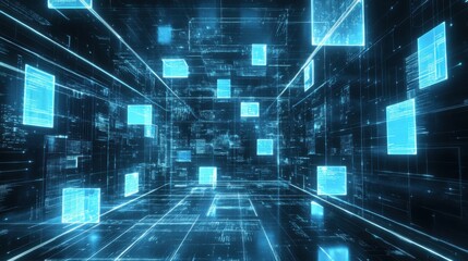 Futuristic Digital Space with Glowing Blue Data Blocks and Grids