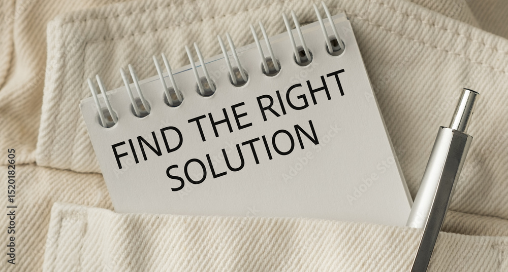 Poster a pocket notebook with a pen and the words find the right solution written on it.