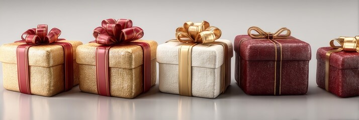 Different wrapped gift boxes with red, white, and gold ribbons, isolated on a pure white background. Christmas presents
