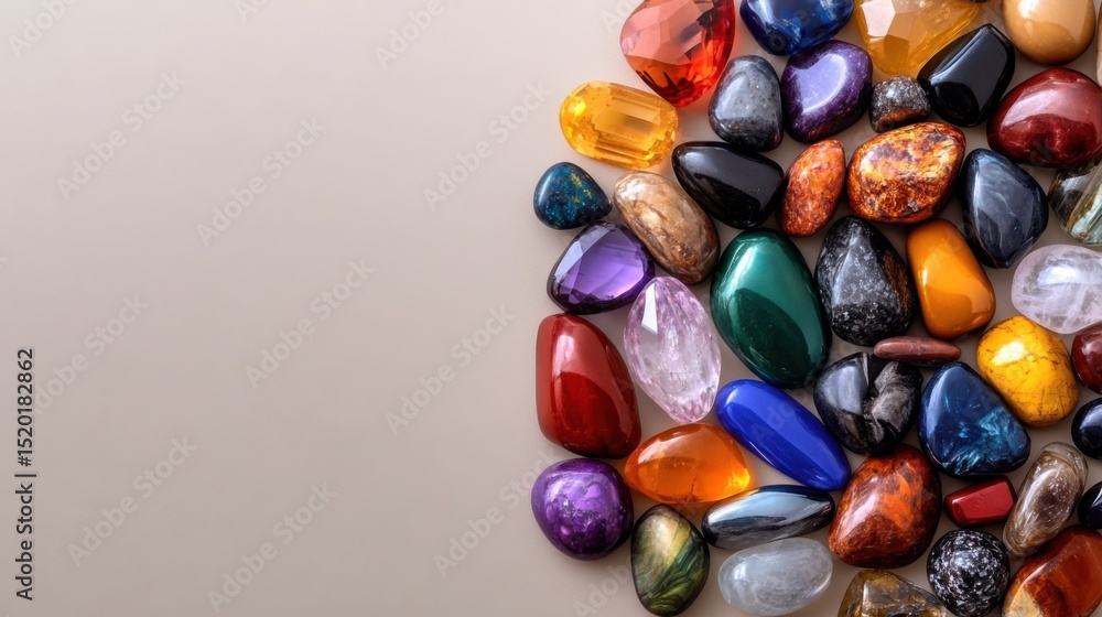 Aufkleber a vibrant array of gemstones in different colors and shapes is displayed on a smooth, neutral backgr