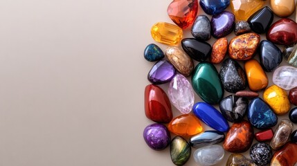 A vibrant array of gemstones in different colors and shapes is displayed on a smooth, neutral background, highlighting their natural beauty. Each stone exhibits unique patterns and reflections.