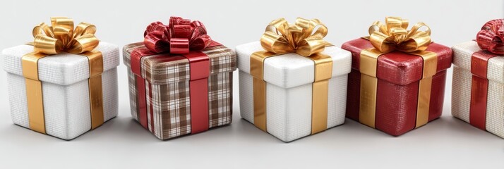 Different wrapped gift boxes with red, white, and gold ribbons, isolated on a pure white background. Christmas presents
