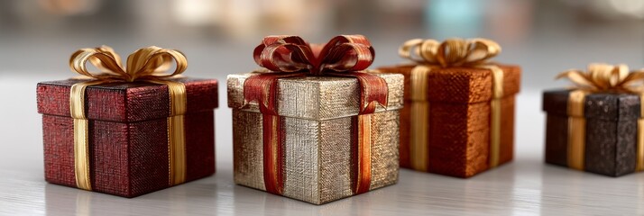 Different wrapped gift boxes with red, white, and gold ribbons, isolated on a pure white background. Christmas presents