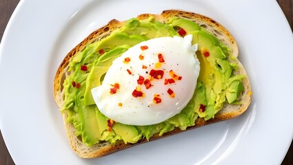 Avocado toast with poached egg and chili flakes &ndash; clean top view on white ceramic plate
