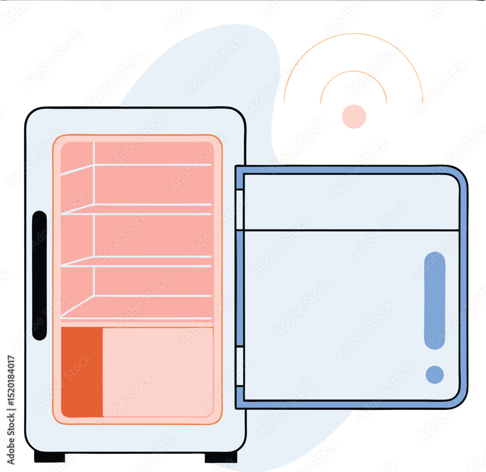 Poster open refrigerator icon in flat design style with wireless connection signal