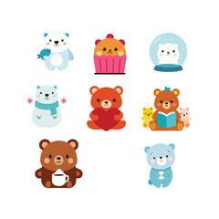 Cute Kawaii Bear Character Set Featuring Costumes, Props, and Expressions on Clean White Background