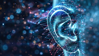 Human ear with digital data flowing in, symbolizing the connection between technology and listening skills for an enhanced customer experience. AI emphasize human interaction. Music and sound therapy