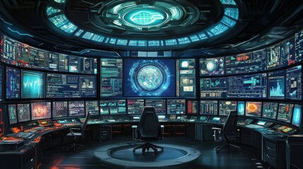 Futuristic Control Room with Monitors and High-Tech Interfaces