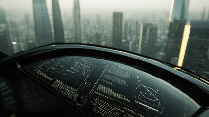 Futuristic Control Panel Overlooking Urban Cityscape at Dusk