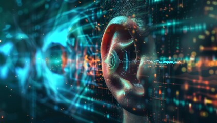 Human ear with digital data flowing in, symbolizing the connection between technology and listening skills for an enhanced customer experience. AI emphasize human interaction. Music and sound therapy