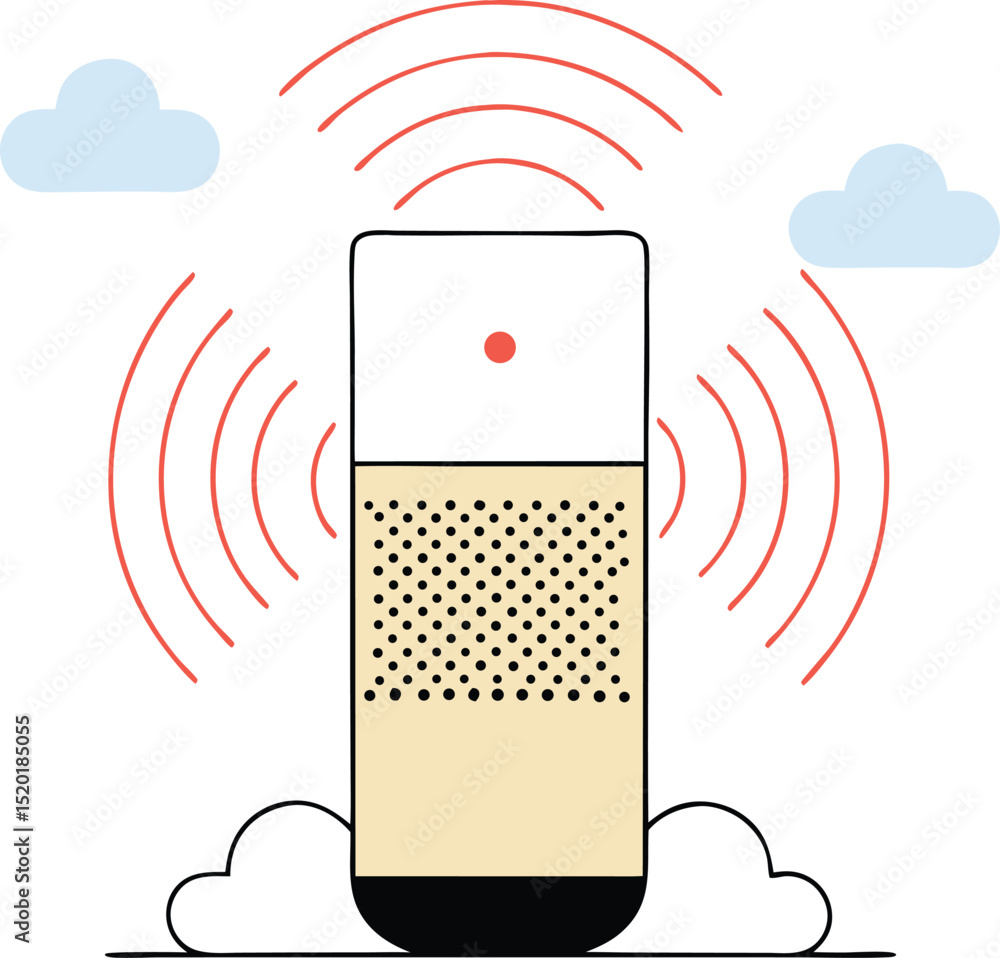 Poster smart speaker connecting to cloud network illustrated with clouds and signals