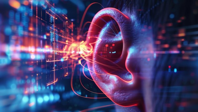 Human ear with digital data flowing in, symbolizing the connection between technology and listening skills for an enhanced customer experience. AI emphasize human interaction. Music and sound therapy