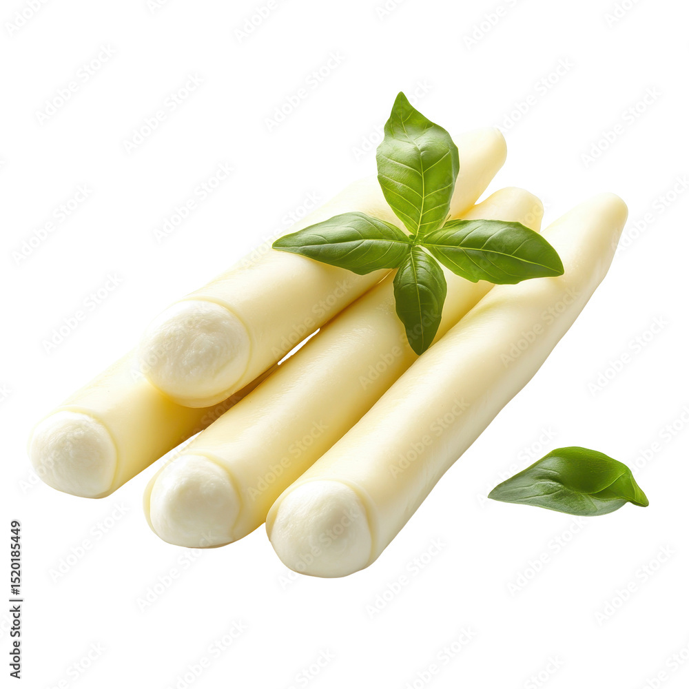 Poster fresh mozzarella sticks with basil leaves displayed on a clean surface for culinary presentation