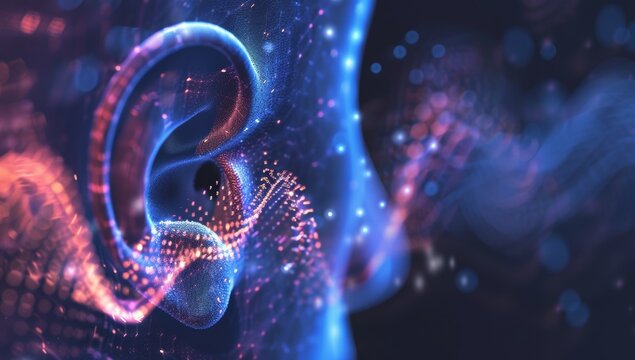 Human ear with digital data flowing in, symbolizing the connection between technology and listening skills for an enhanced customer experience. AI emphasize human interaction. Music and sound therapy
