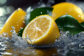 bright yellow lemon and green leaves splashing in crystal clear water with dynamic movement, creating a refreshing and lively composition. Perfect for beverage, health or summer-themed designs.