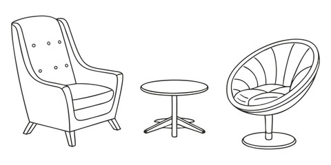Modern furniture sketch: armchair, swivel lounge chair & round table line art
