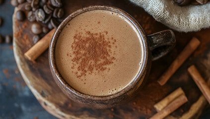 Creamy chocolate and coffee drink featuring mocha, espresso, and aromatic cinnamon and cocoa flavors