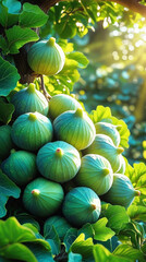  Fresh Green Figs on Tree Branch Sunlight