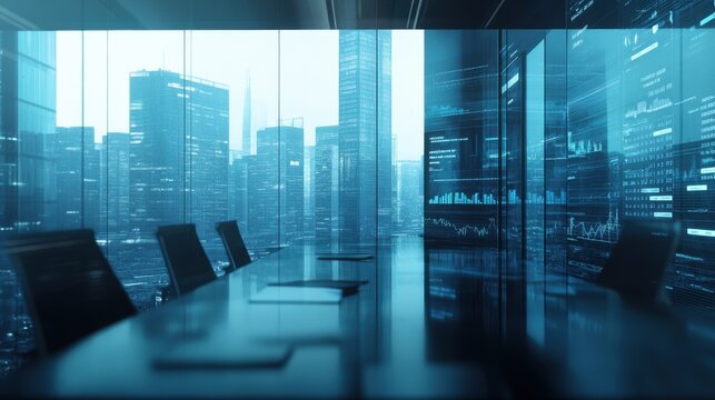 Futuristic Office View with Cityscape and Digital Data Visualizations