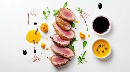 Minimalist presentation of duck slices on a clean white background with sauces and greens