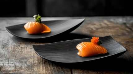 Minimalist modern presentation of dim sum on matte ceramic plates with clean background