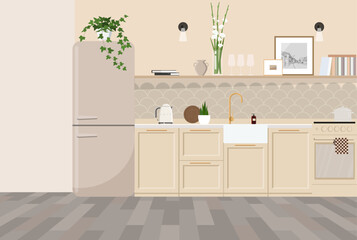 Stylish interior design of a kitchen with retro appliances, shelves with decor and plants.