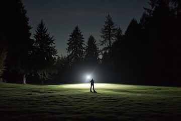 Man Holding Flashlight on Misty Golf Course at Night Surrounded by Tall Trees