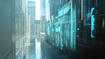 Futuristic Urban Corridor with Digital Interfaces and Glass Architecture