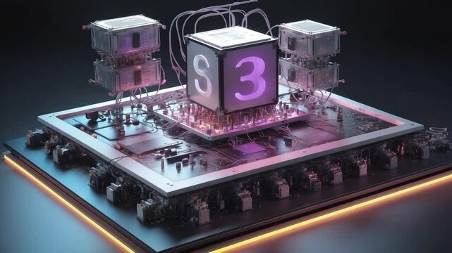 Futuristic digital circuit board featuring glowing s3 symbol and complex electrical components arrangement