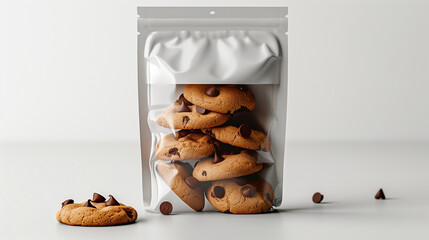 transparent ziplock pouch filled with cookies, clean label design, isolated on white background, food packaging mockup