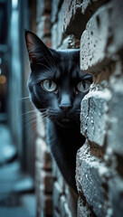 Black Cat Hiding Brick Wall Portrait